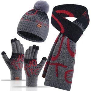 Women's Red Gray Skull Caps Knit Gloves Beanie Neck Scarves 3 Set Winter Warm